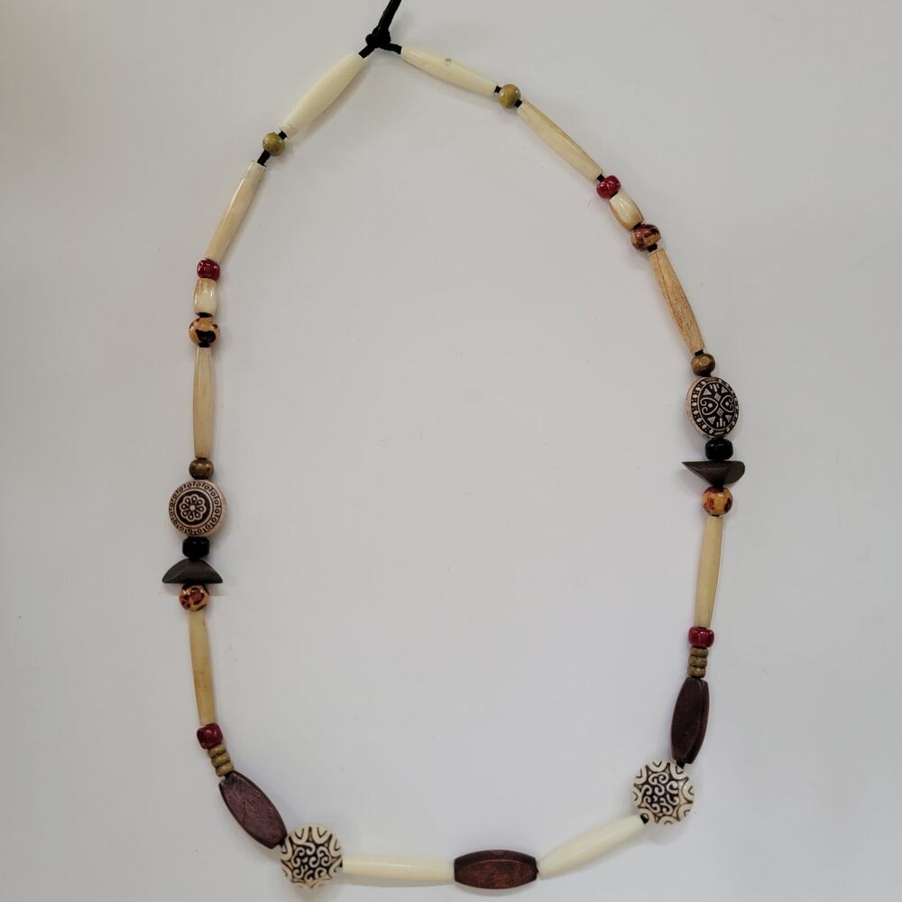 Tribal Boho Beaded Necklace With Carved Wood Bone Style Beads And Earthy Accents